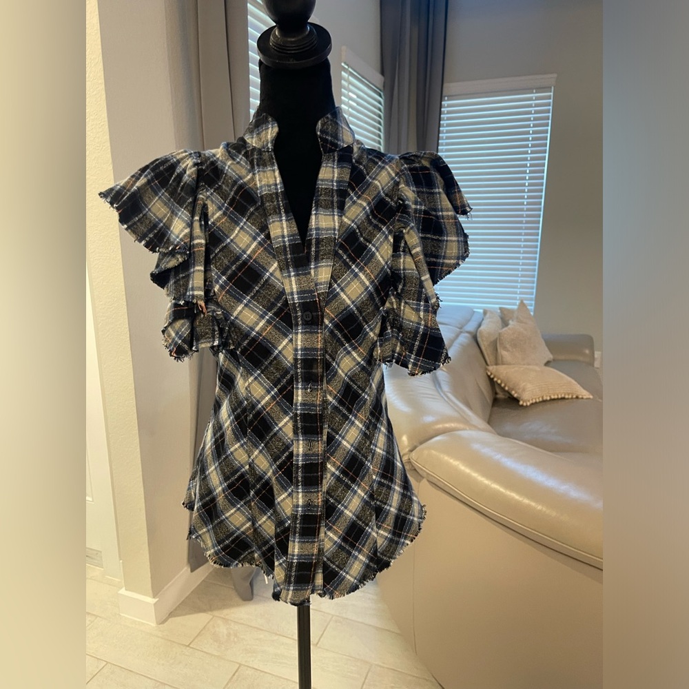 A Shirt Thing plaid flannel ruffle flutter sleeve fitted top M